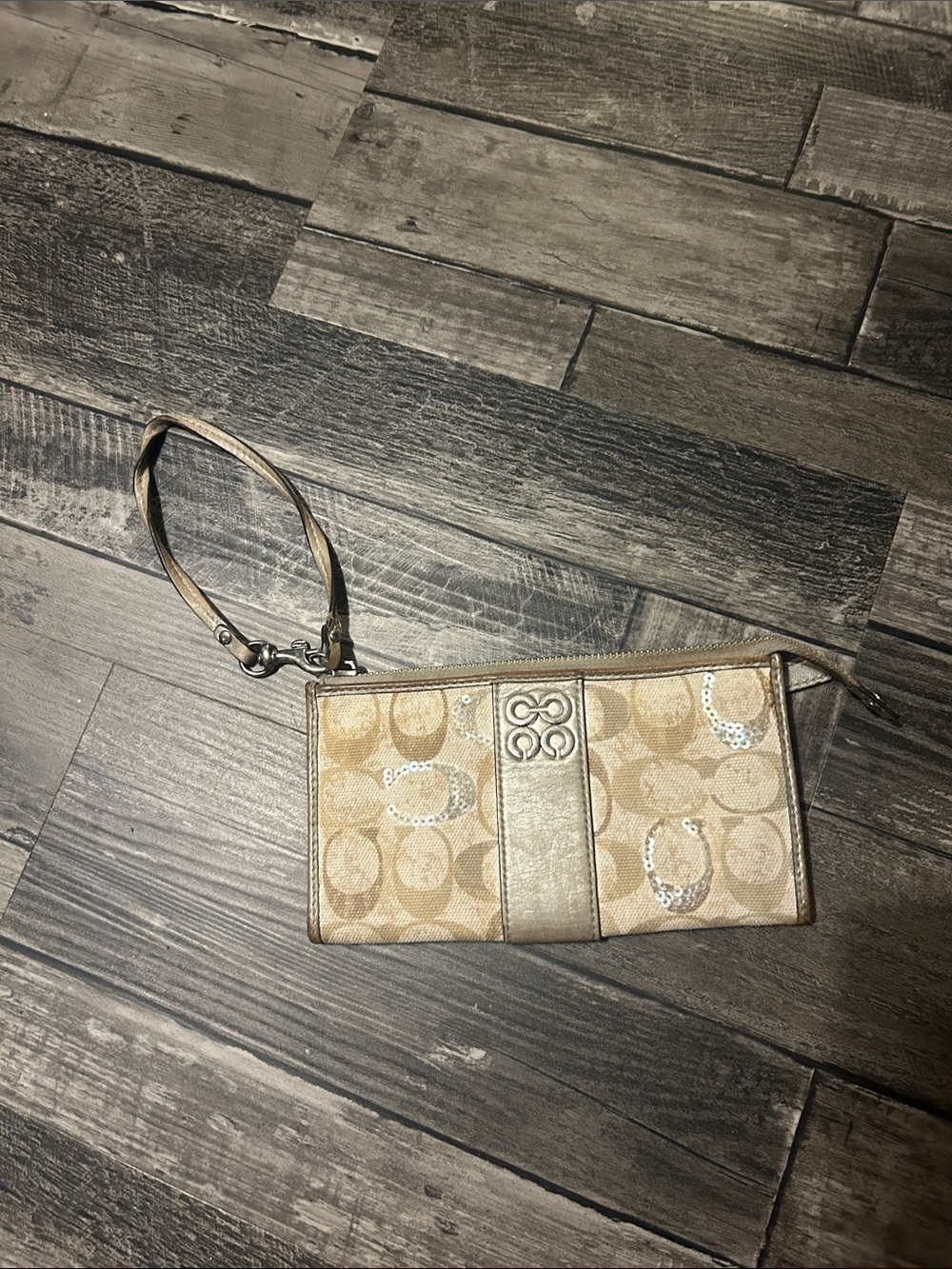 Coach Beige Signature Sequin Accent Wristlet